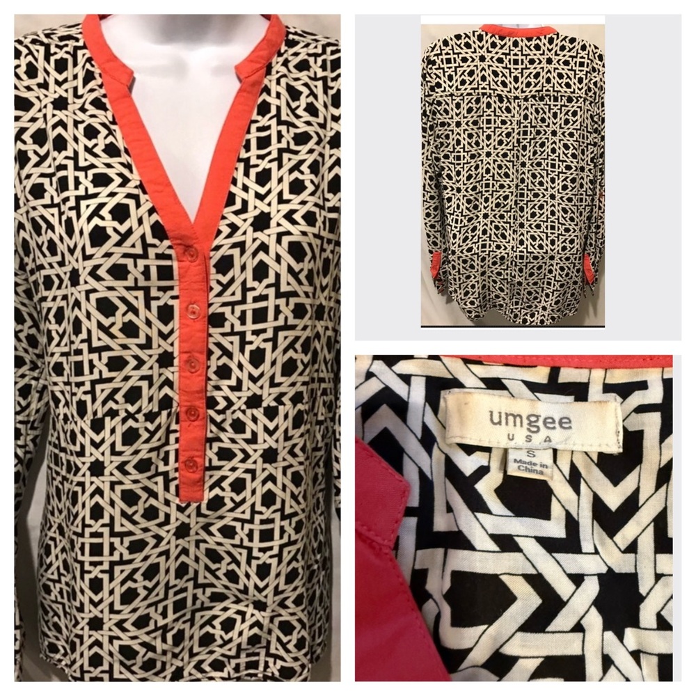 Umgee Black & White Geometric Tunic with Coral  – Size Small
